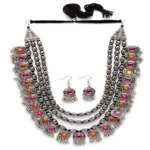 Latest Stylish Fancy Oxidised Silver Tribal Necklace Jewellery Set for Women , Multicolour, One